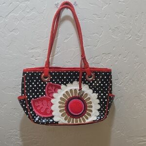 BRIGHTON GILLY FLOWER FLORAL COATED CANVAS MULTIMEDIA APPLIQUE SHOULDER BAG